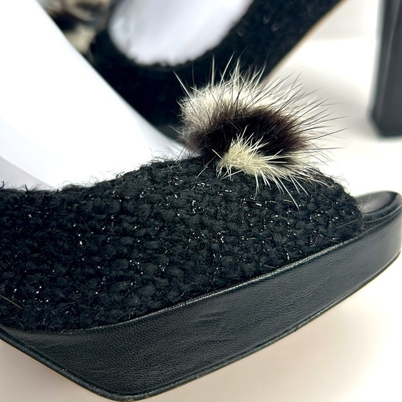 KATE SPADE Galore Black Boucle Tweed Mink Fur Bow Slingback Peep‎ Toe Heels Pump - Picture 5 of 17
